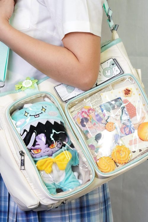 White Plaid Ita Shoulder Bag with Clear Window for Plushies and Pins