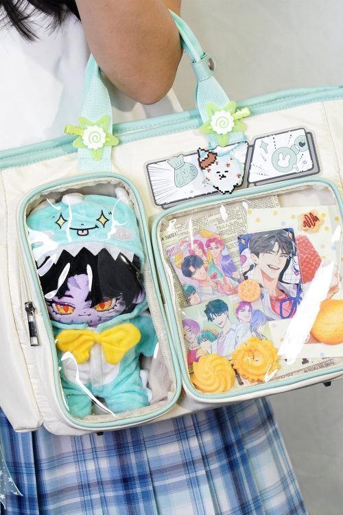 White Plaid Ita Shoulder Bag with Clear Window for Plushies and Pins