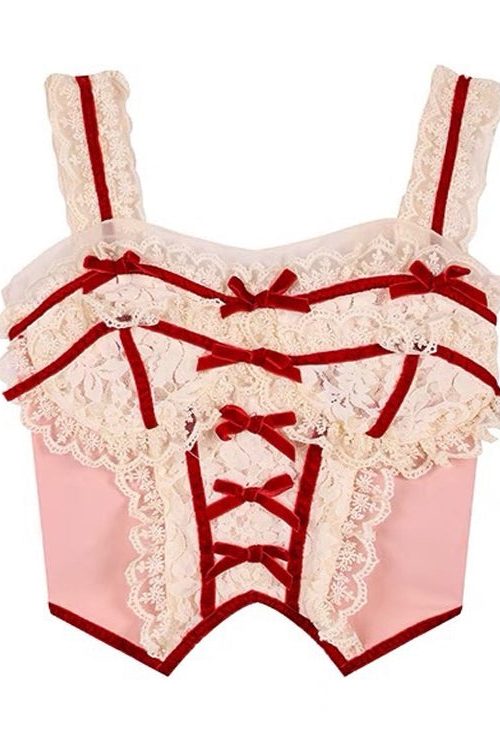 White & Red Coquette Lace Corset Top