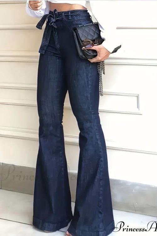 Women Fashion Blue Denim High-Stretch Bell Bottom Legs Denim Pants Women Solid Color High Waist Flare Jeans