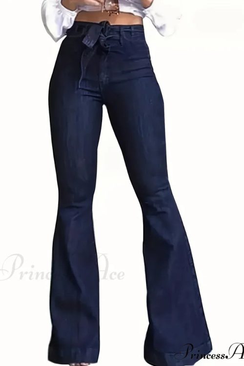 Women Fashion Blue Denim High-Stretch Bell Bottom Legs Denim Pants Women Solid Color High Waist Flare Jeans