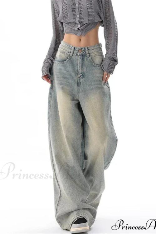 Women's American Vintage Washed Thin Casual Neutral Style Blue Denim Female High Waist Straight Pants Jeans