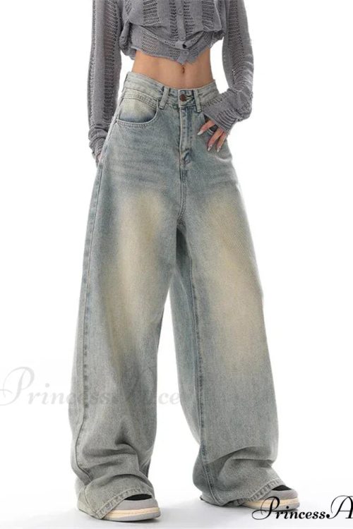 Women's American Vintage Washed Thin Casual Neutral Style Blue Denim Female High Waist Straight Pants Jeans