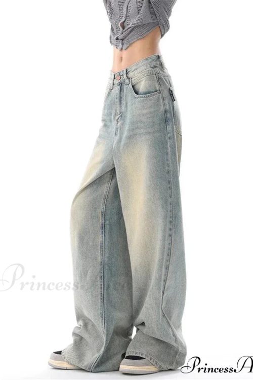 Women's American Vintage Washed Thin Casual Neutral Style Blue Denim Female High Waist Straight Pants Jeans