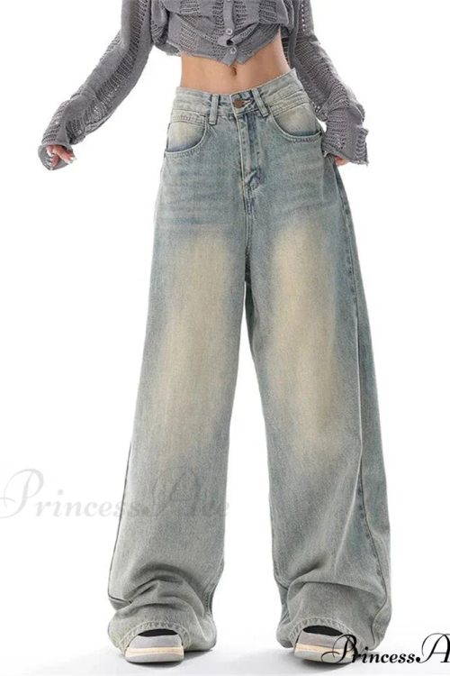 Women's American Vintage Washed Thin Casual Neutral Style Blue Denim Female High Waist Straight Pants Jeans