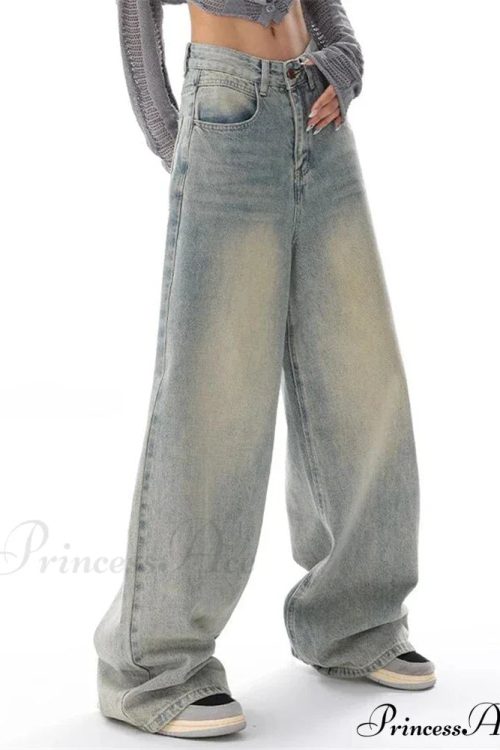 Women's American Vintage Washed Thin Casual Neutral Style Blue Denim Female High Waist Straight Pants Jeans