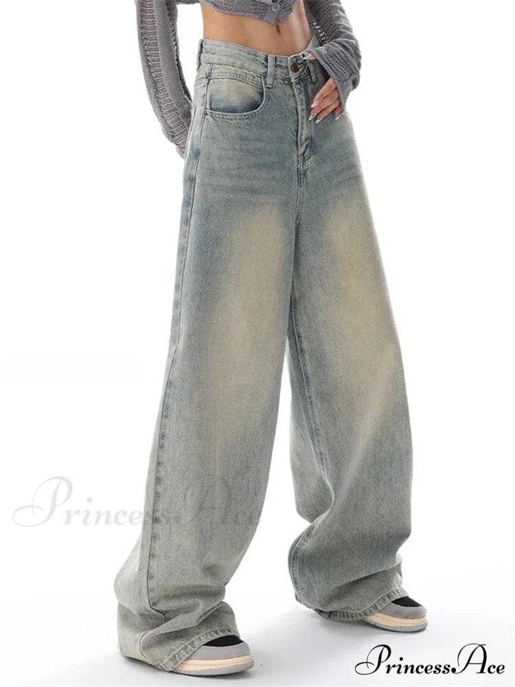 Women's American Vintage Washed Thin Casual Neutral Style Blue Denim Female High Waist Straight Pants Jeans Women's American Vintage Washed Thin Casual Neutral Style Blue Denim Female High Waist Straight Pants Jeans