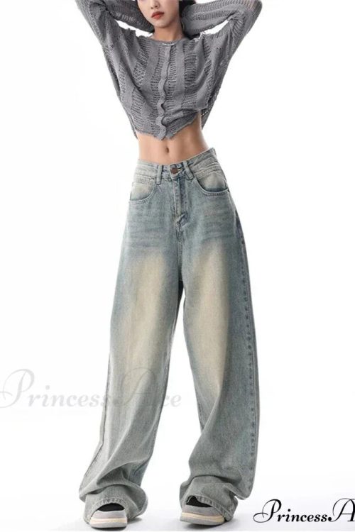 Women's American Vintage Washed Thin Casual Neutral Style Blue Denim Female High Waist Straight Pants Jeans