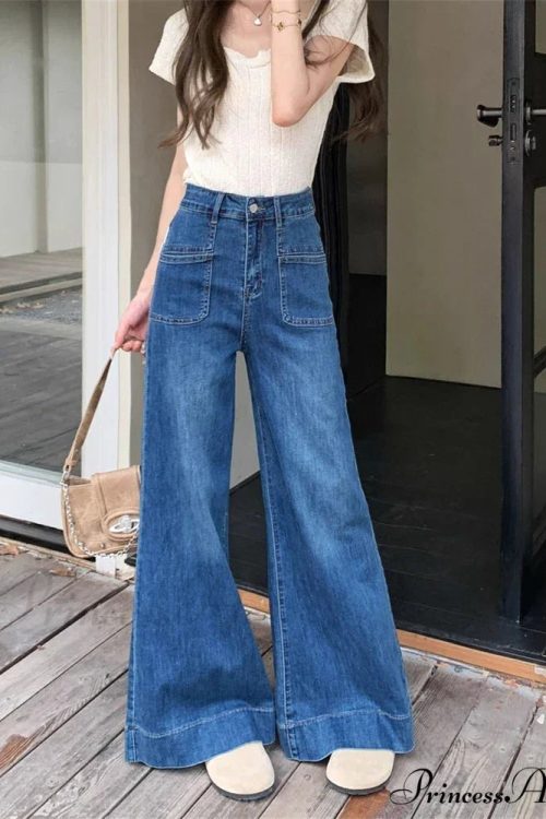 Women's Vintage Style Micro Flared Street Girl Bottoms High Waisted Pant Female Fashion Blue Denim Wide Leg Jeans