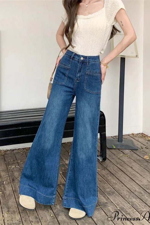 Women's Vintage Style Micro Flared Street Girl Bottoms High Waisted Pant Female Fashion Blue Denim Wide Leg Jeans