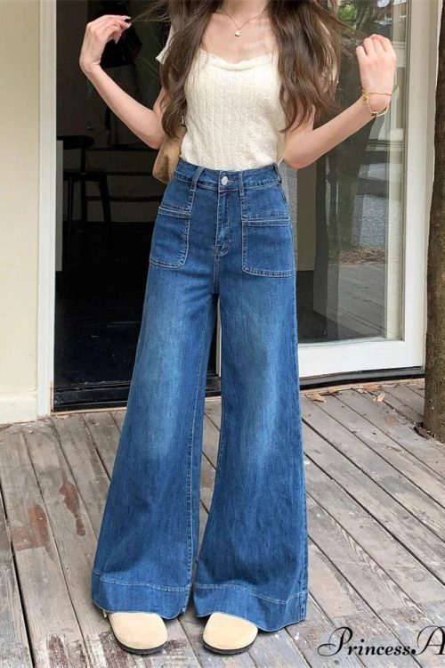 Women's Vintage Style Micro Flared Street Girl Bottoms High Waisted Pant Female Fashion Blue Denim Wide Leg Jeans