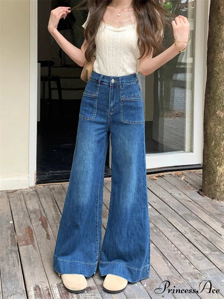 Women's Vintage Style Micro Flared Street Girl Bottoms High Waisted Pant Female Fashion Blue Denim Wide Leg Jeans Women's Vintage Style Micro Flared Street Girl Bottoms High Waisted Pant Female Fashion Blue Denim Wide Leg Jeans
