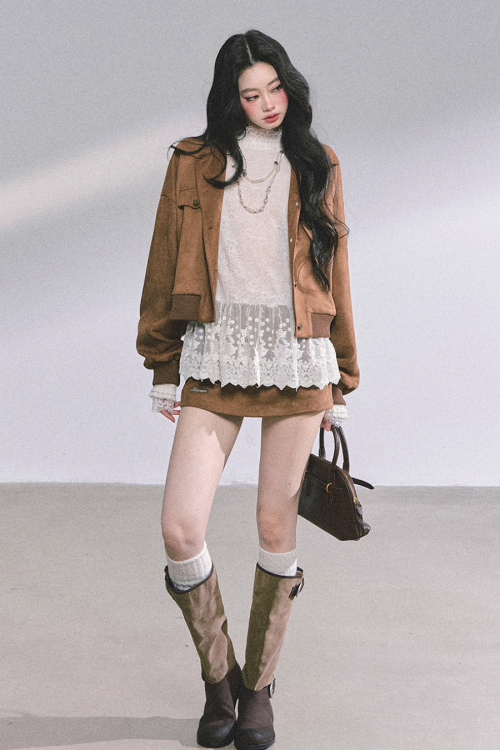 Wool Blazer Jacket / Mini Skirt / Frill Lace Blouse