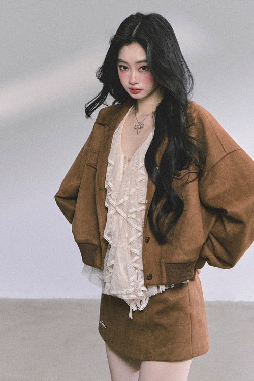 Wool Blazer Jacket / Mini Skirt / Frill Lace Blouse