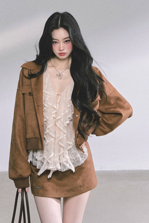 Wool Blazer Jacket / Mini Skirt / Frill Lace Blouse