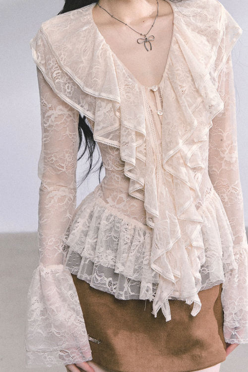 Wool Blazer Jacket / Mini Skirt / Frill Lace Blouse