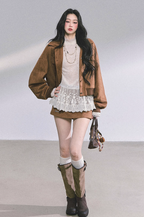 Wool Blazer Jacket / Mini Skirt / Frill Lace Blouse