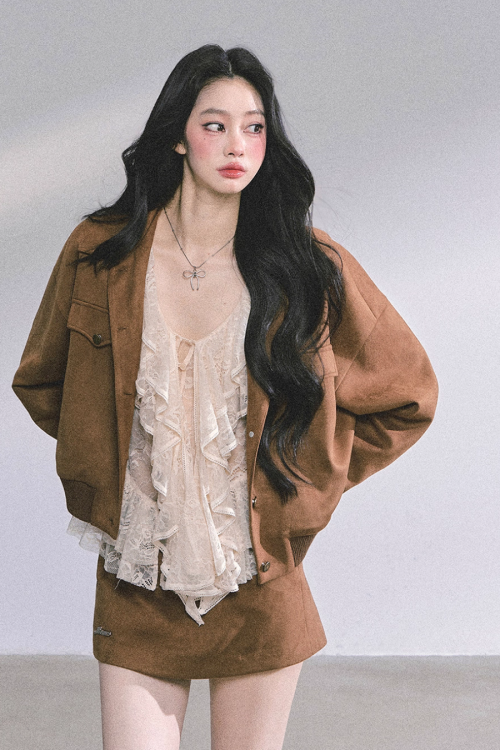 Wool Blazer Jacket / Mini Skirt / Frill Lace Blouse