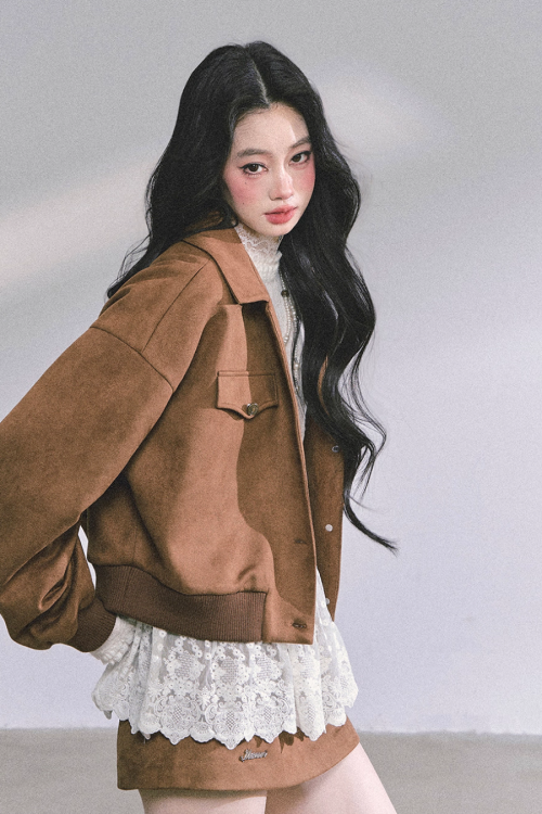 Wool Blazer Jacket / Mini Skirt / Frill Lace Blouse