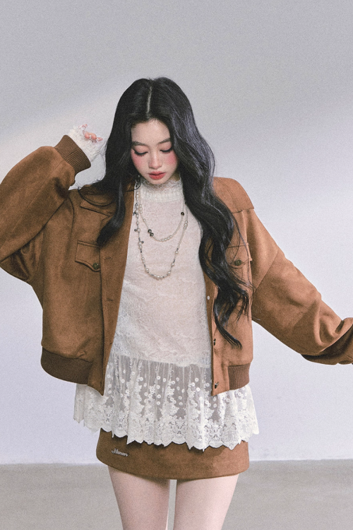 Wool Blazer Jacket / Mini Skirt / Frill Lace Blouse