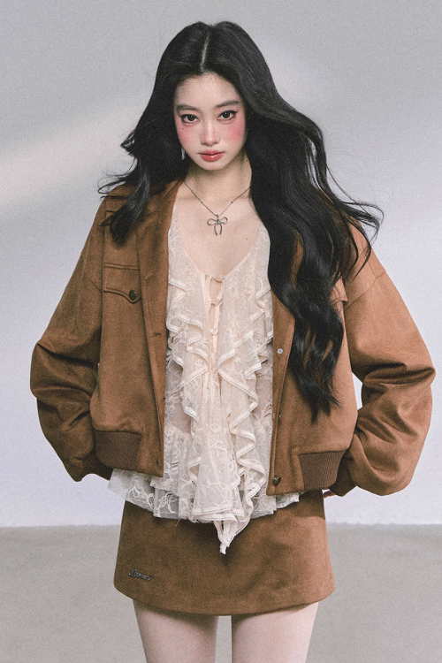 Wool Blazer Jacket / Mini Skirt / Frill Lace Blouse