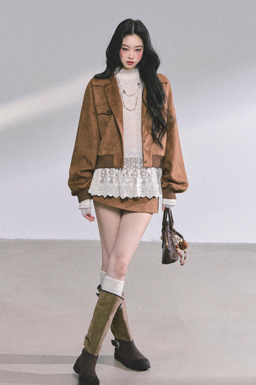 Wool Blazer Jacket / Mini Skirt / Frill Lace Blouse