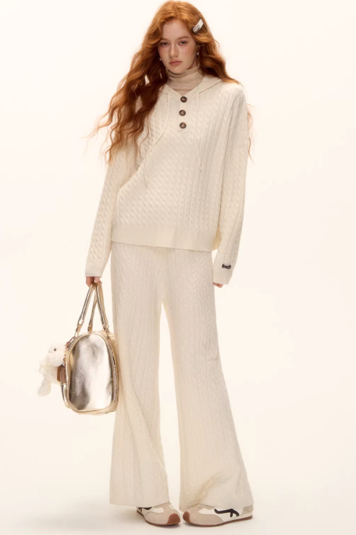 Wool Half-Button Knit Hoodie / Wide Pants