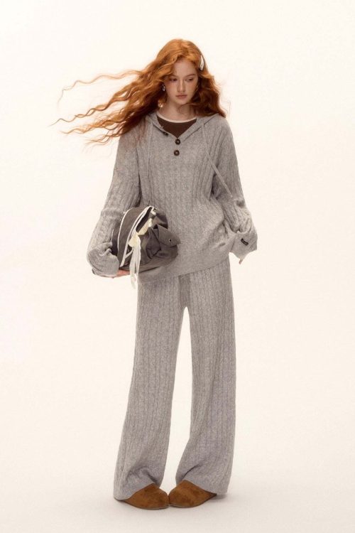 Wool Half-Button Knit Hoodie / Wide Pants