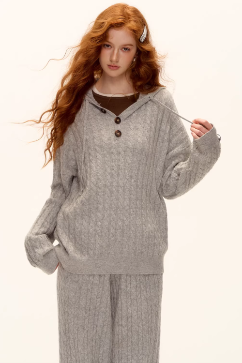 Wool Half-Button Knit Hoodie / Wide Pants