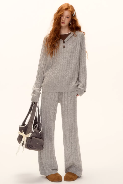 Wool Half-Button Knit Hoodie / Wide Pants