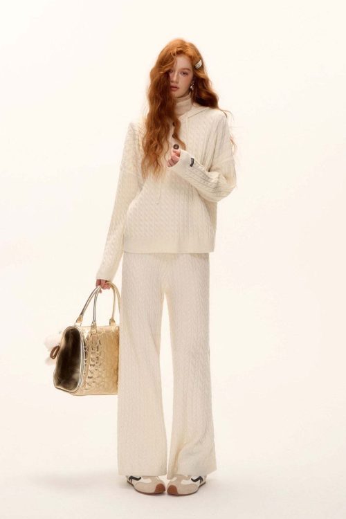 Wool Half-Button Knit Hoodie / Wide Pants