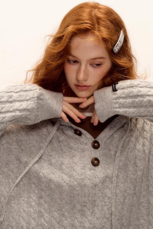 Wool Half-Button Knit Hoodie / Wide Pants