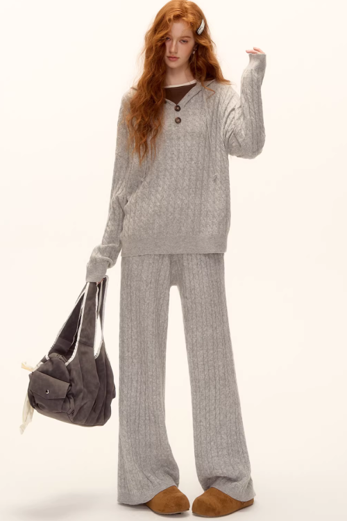 Wool Half-Button Knit Hoodie / Wide Pants