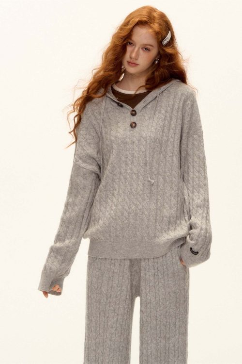 Wool Half-Button Knit Hoodie / Wide Pants