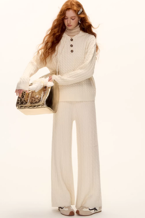 Wool Half-Button Knit Hoodie / Wide Pants