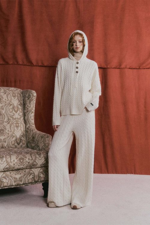 Wool Half-Button Knit Hoodie / Wide Pants