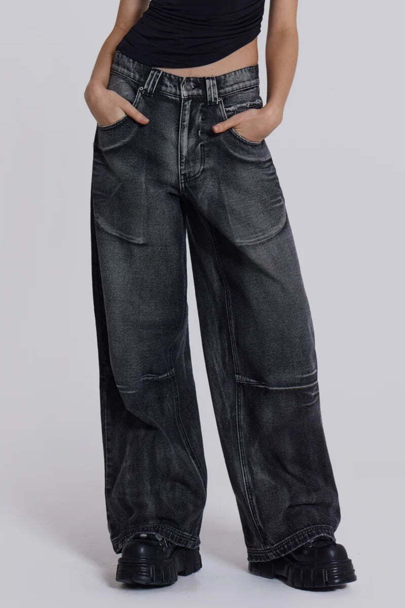 Y2K Angel Wing Print Washed Wide Leg Jeans