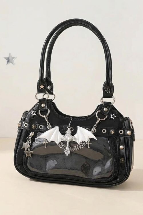 Y2K Gothic Ita Shoulder Bag with Clear Window for Photocards and Pins
