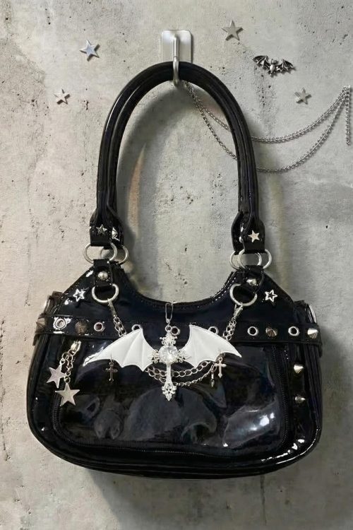 Y2K Gothic Ita Shoulder Bag with Clear Window for Photocards and Pins