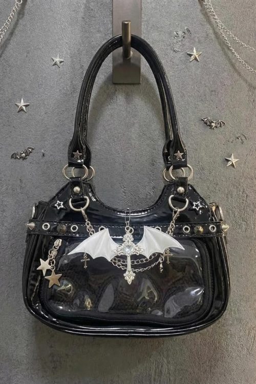 Y2K Gothic Ita Shoulder Bag with Clear Window for Photocards and Pins