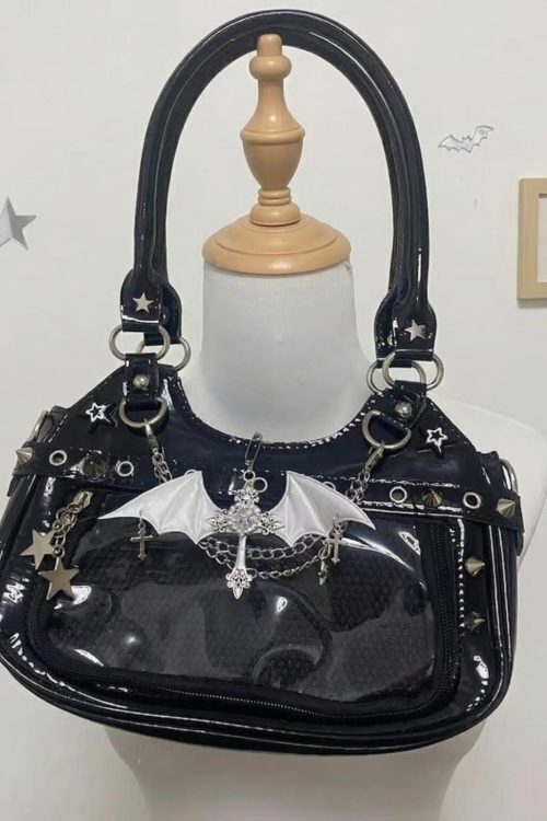 Y2K Gothic Ita Shoulder Bag with Clear Window for Photocards and Pins