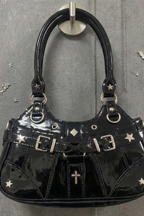 Y2K Gothic Ita Shoulder Bag with Clear Window for Photocards and Pins