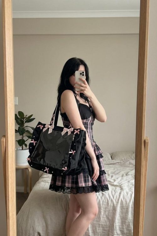 Y2K Gothic Ita Tote Bag with Clear Window for Photocards and Pins