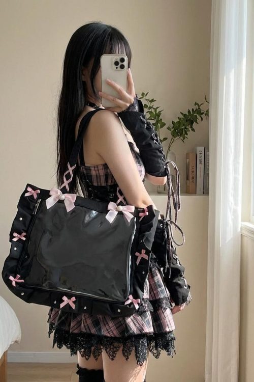 Y2K Gothic Ita Tote Bag with Clear Window for Photocards and Pins