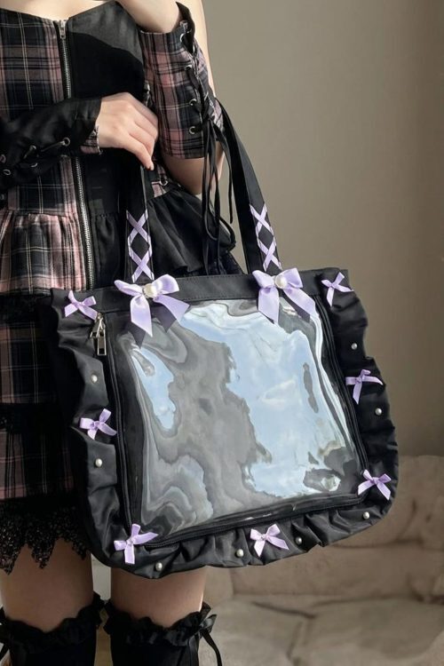 Y2K Gothic Ita Tote Bag with Clear Window for Photocards and Pins