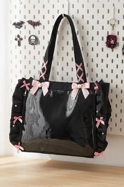 Y2K Gothic Ita Tote Bag with Clear Window for Photocards and Pins