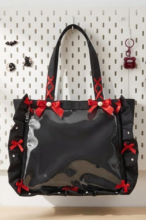 Y2K Gothic Ita Tote Bag with Clear Window for Photocards and Pins