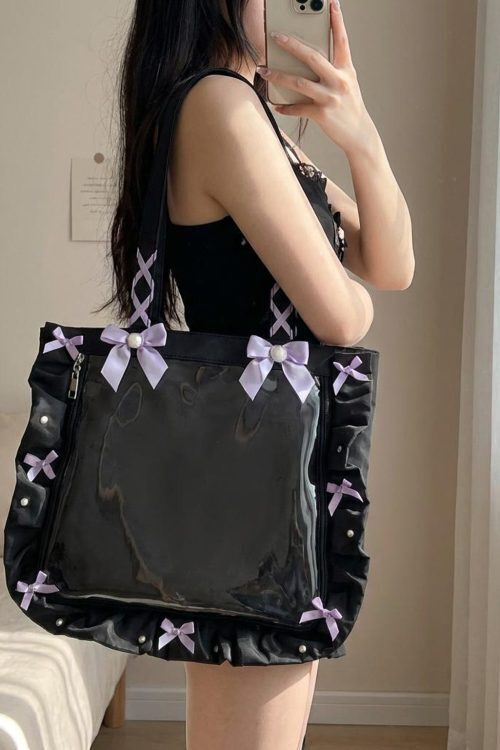 Y2K Gothic Ita Tote Bag with Clear Window for Photocards and Pins