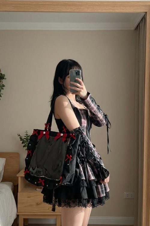 Y2K Gothic Ita Tote Bag with Clear Window for Photocards and Pins