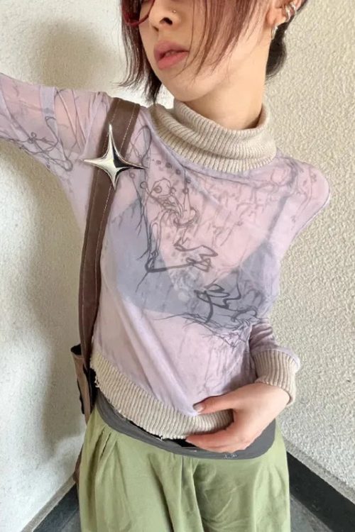 Y2K Mesh Turtleneck Top